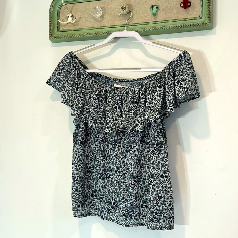 Sabrina Top H&M blue floral off shoulder Spanish ruffle blouse women size large
